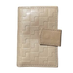 Vintage Cowhide Leather Snap Closure Key Holder Wallet Beige Geometric Embossed